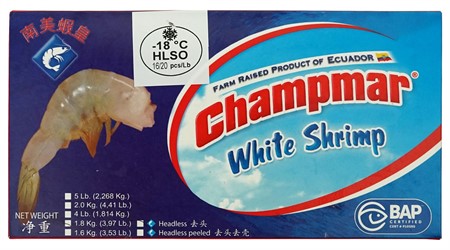 Vannamei HLSO 16-20/lb. Block 100%. 6x1800g Champmar